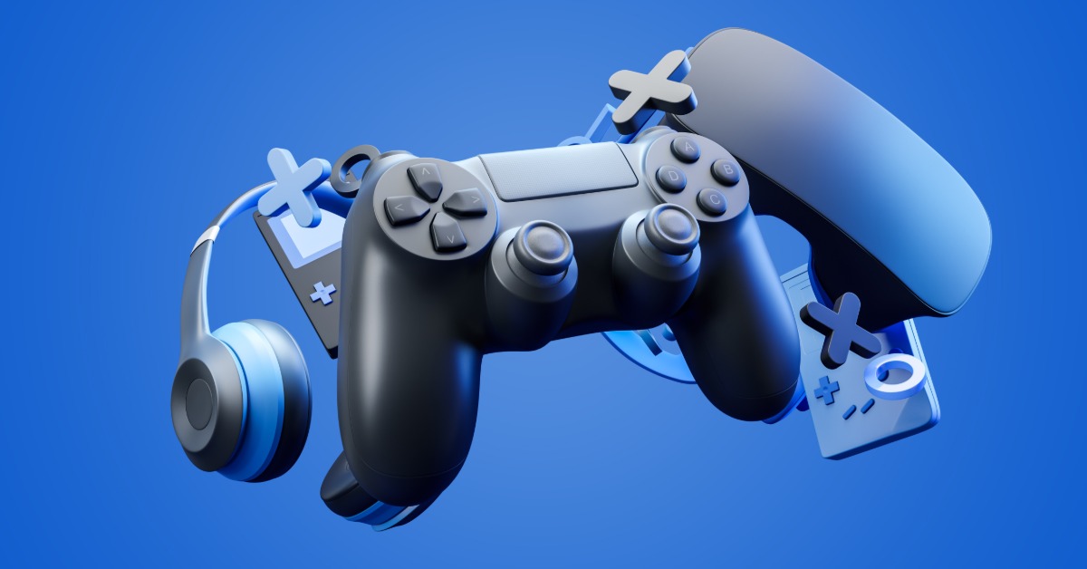 A black gaming controller and several other gaming accessories on a blue background. 3D buttons are next to the controller.