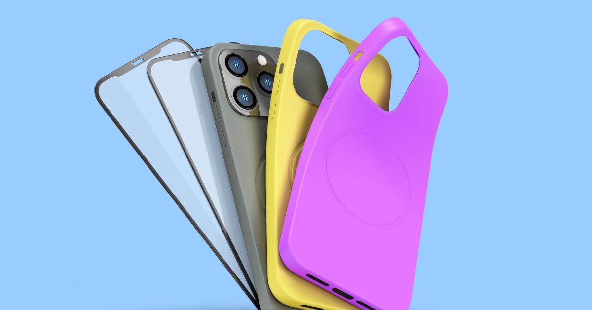 A smartphone with multiple colored cases fanned out next to it. There are two screen protectors also next to the phone.